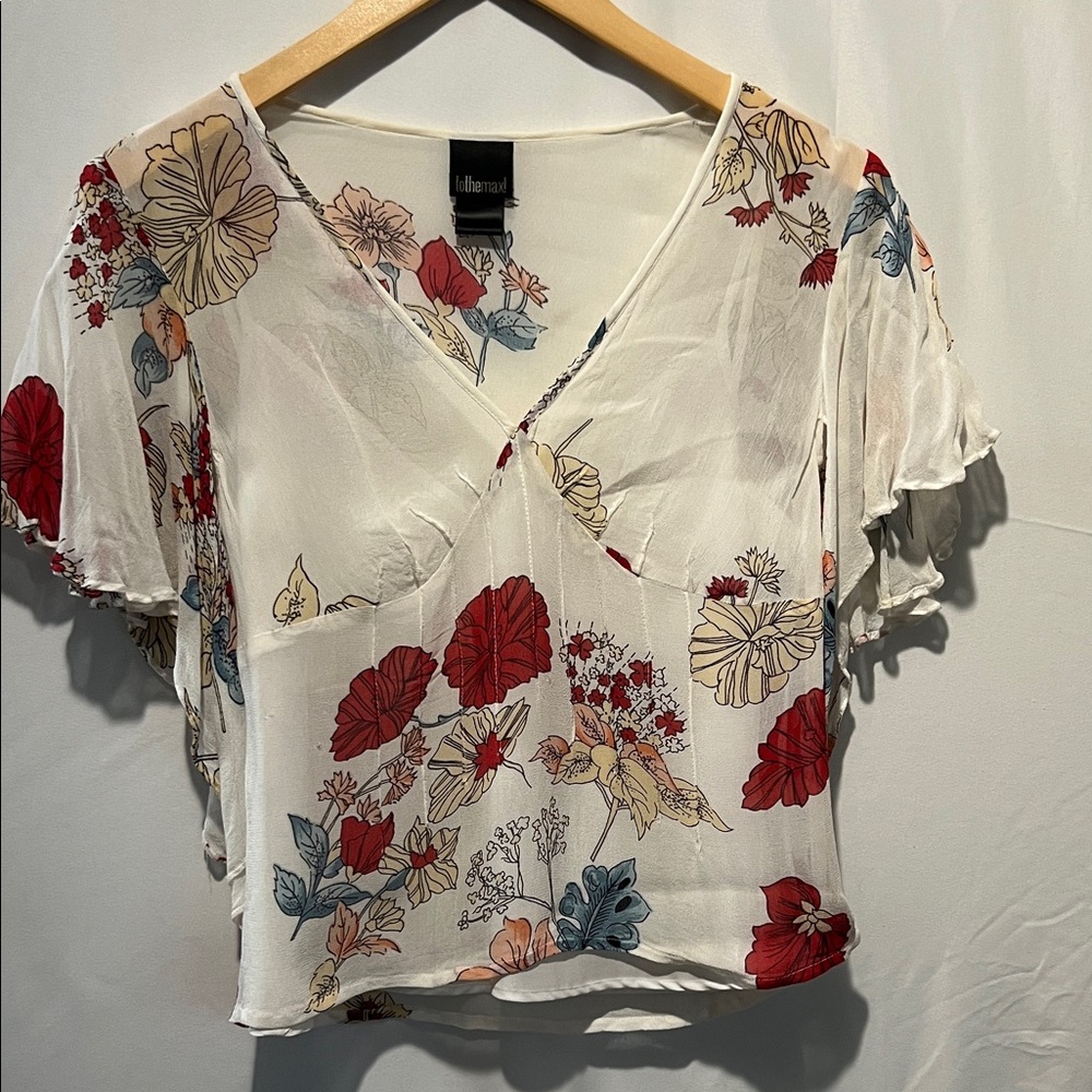To the Max Sheer Floral Blouse - White with Red and Blue Accents